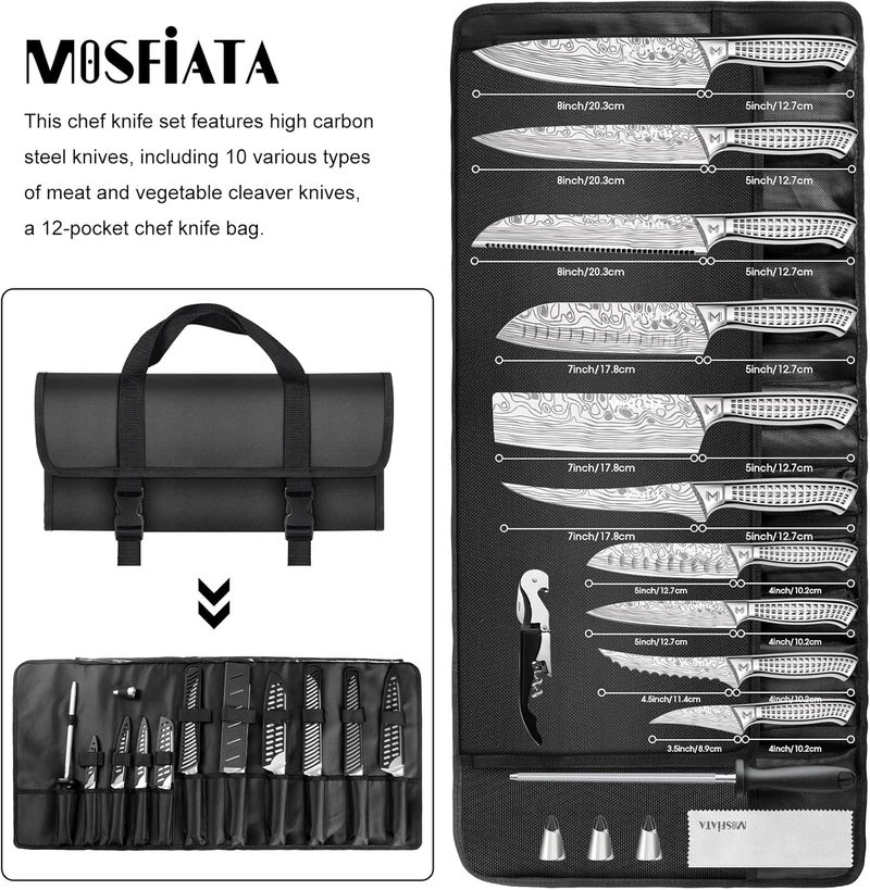 MOSFiATA Kitchen Knife Set, 17 Pcs Japanese Stainless Steel Knife Sets for Kitchen with Oxford cloth storage bag with Knife Sharpening Rod, Dishwasher Safe, For Outdoor - Image 2